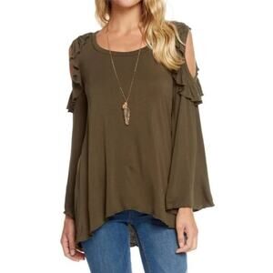 Chaser Bell  Sleeve Cold Shoulder Long Sleeve Top Olive Green Women's Medium